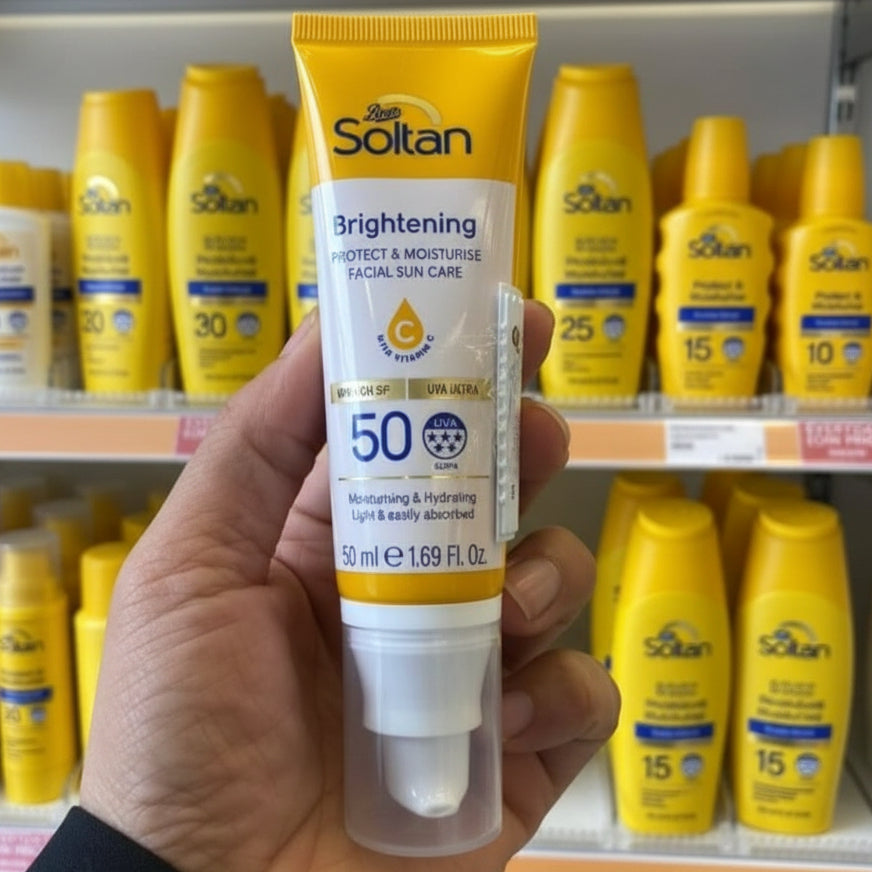 Hand holding a Soltan sun care product with more products in the background