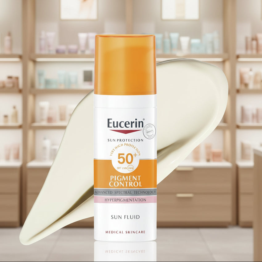 Eucerin Sun Protection Pigment Control sun fluid bottle with a white background