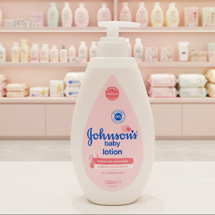 Johnson's baby lotion bottle on a bathroom counter
