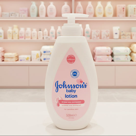 Johnson's baby lotion bottle on a bathroom counter