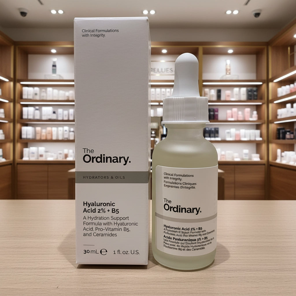 The Ordinary skincare serum bottle and packaging on a textured surface